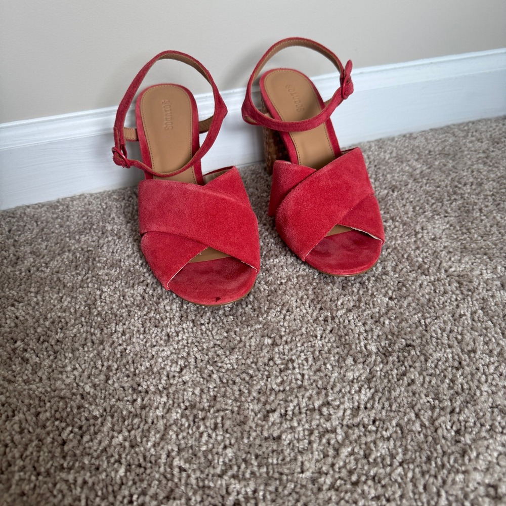 Soludos Womens Red Suede Woven Wicker Block Heel Sandals Size 8.5